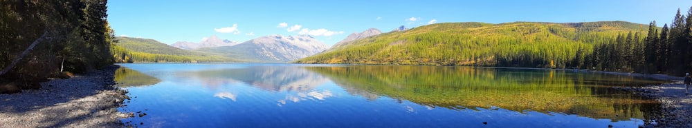 a lake surrounded by trees and mountains