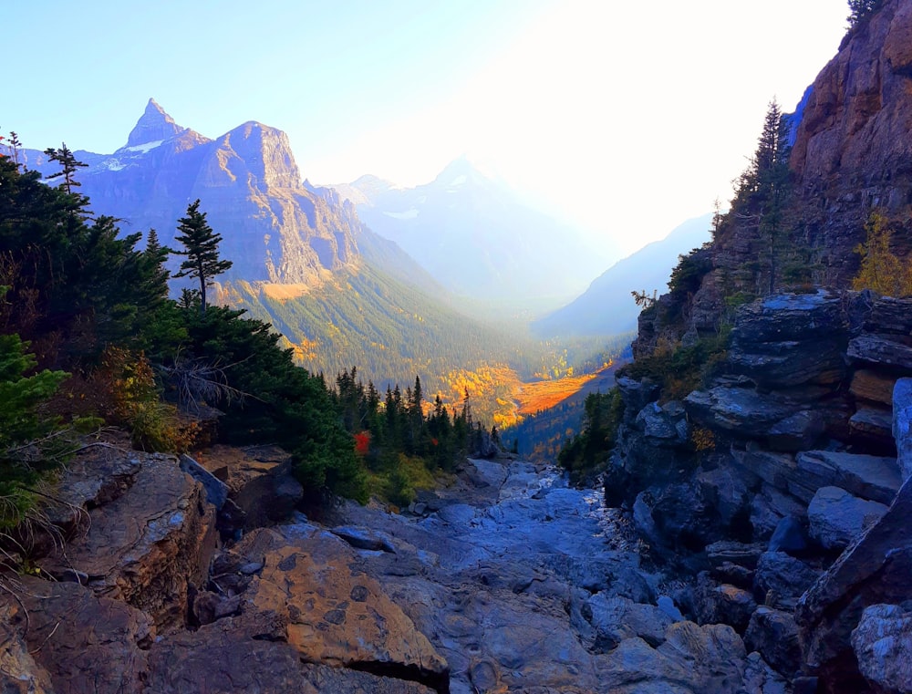 a view of a valley with mountains in the background