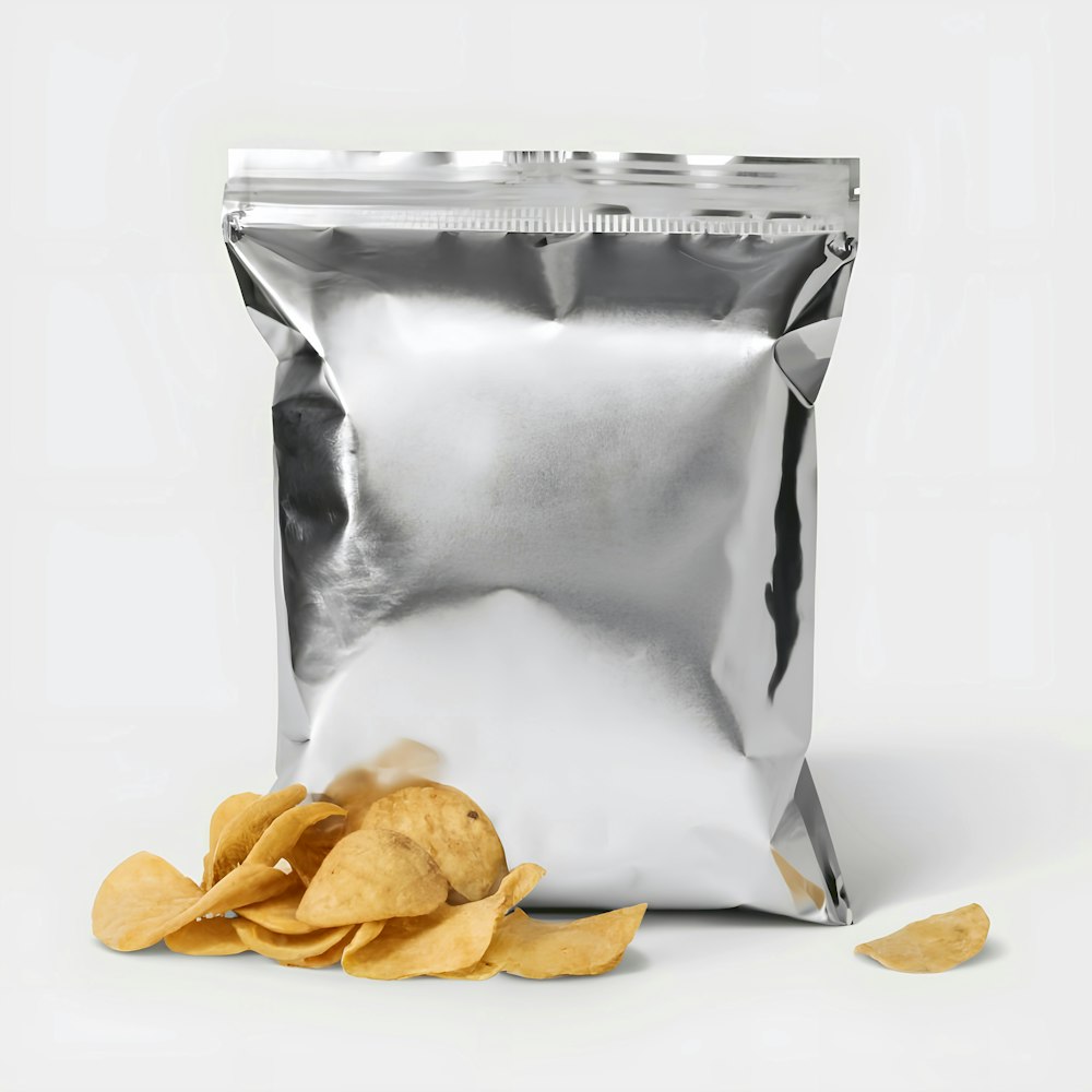a bag of potato chips on a white background