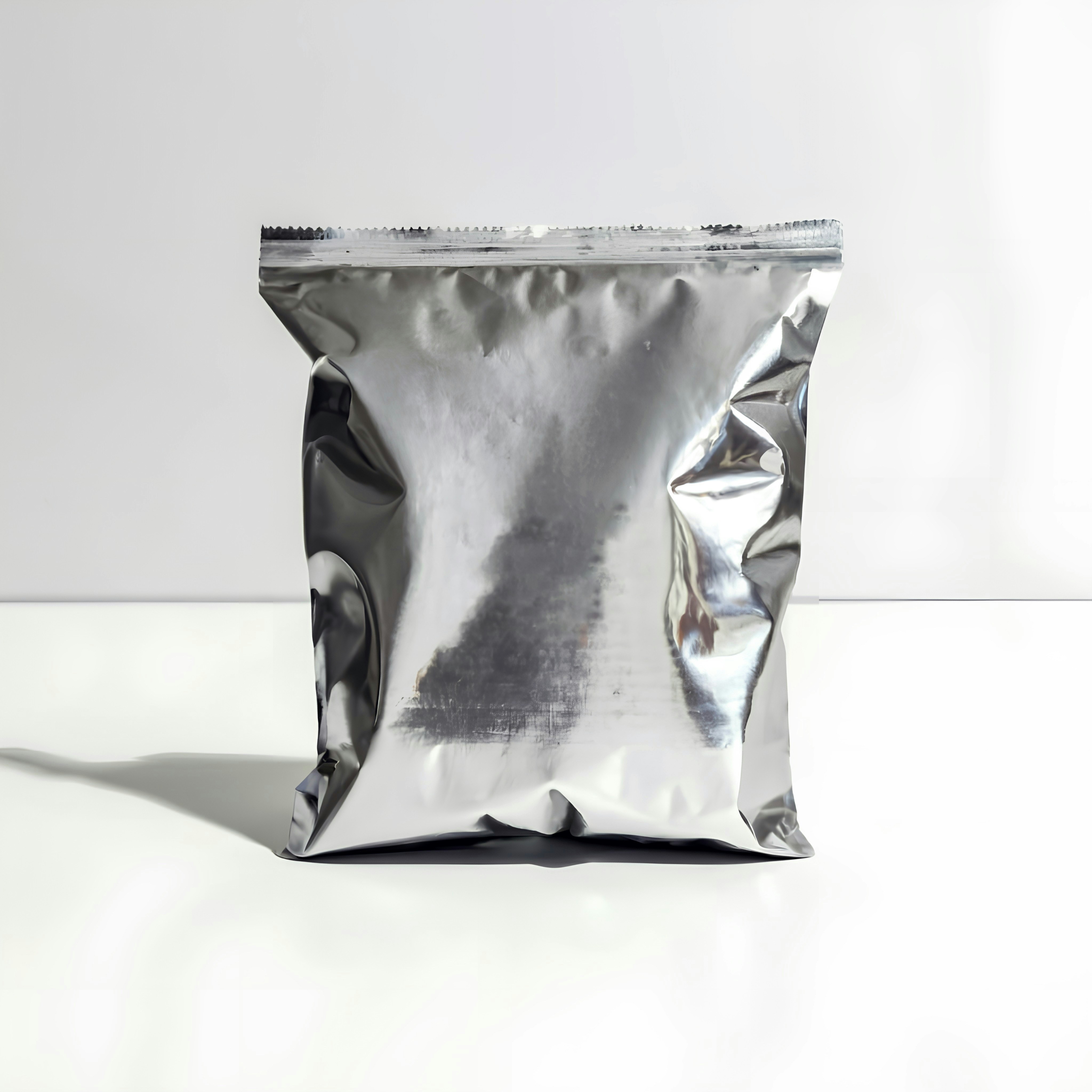 a silver foil bag sitting on a white surface