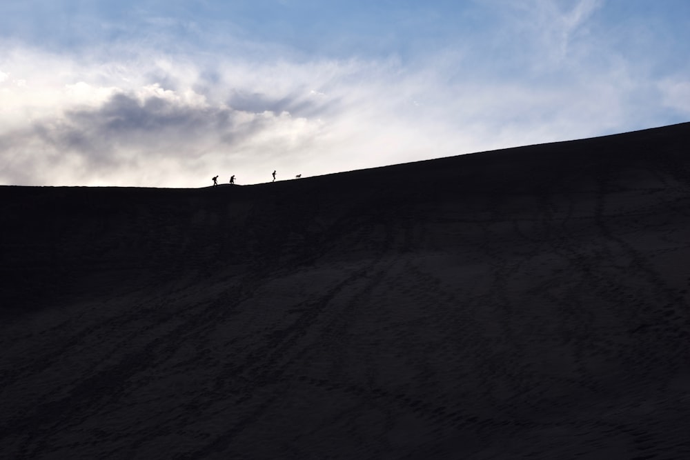 a group of people riding skis down a snow covered slope