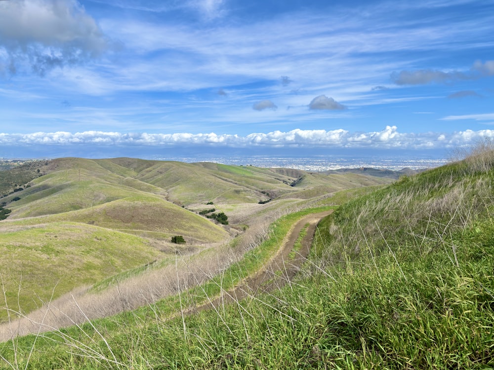 a view of a grassy hill with a blue sky in the background