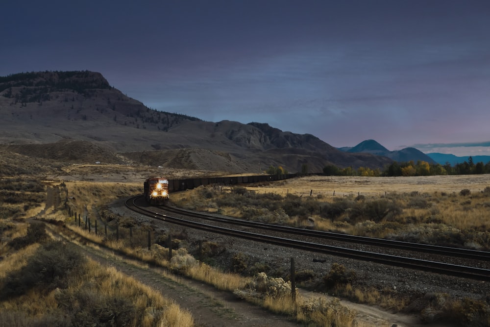 a train traveling through a rural countryside under a cloudy sky