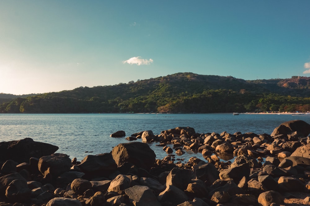 a large body of water surrounded by rocks