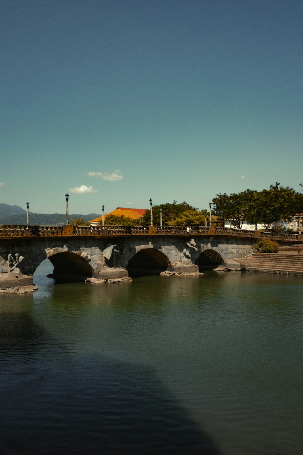 a bridge over a body of water with a train on it