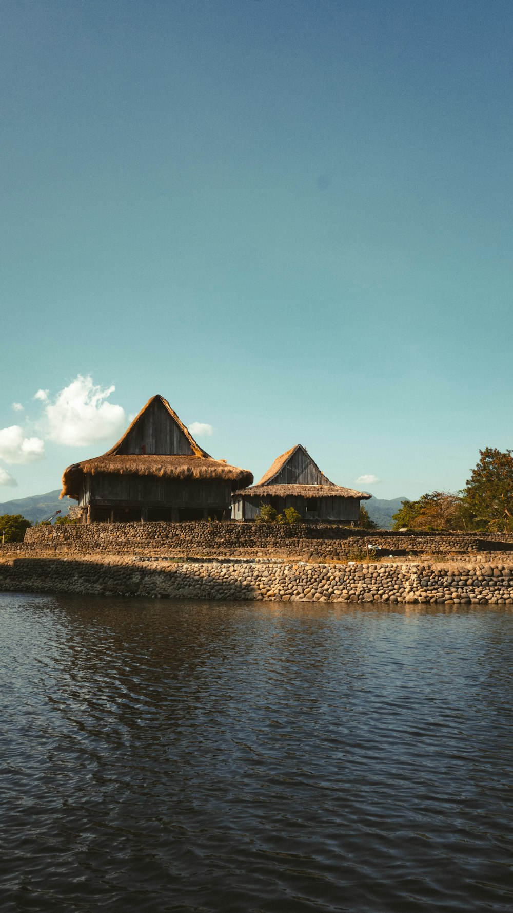 a couple of huts sitting on top of a lake