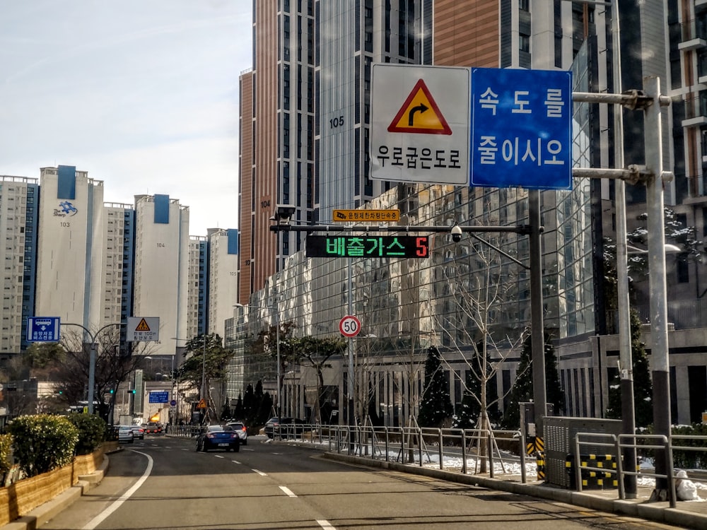 a street sign on a city street with buildings in the background