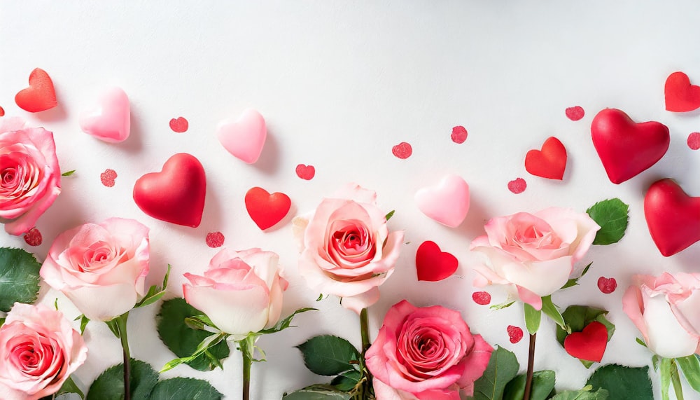 a group of pink roses with hearts on a white background