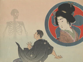 Man startled by a ghost and a woman's portrait