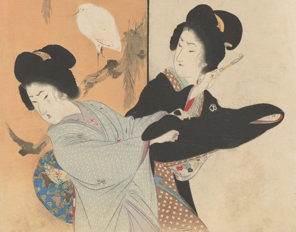 a painting of two women dressed in traditional japanese clothing