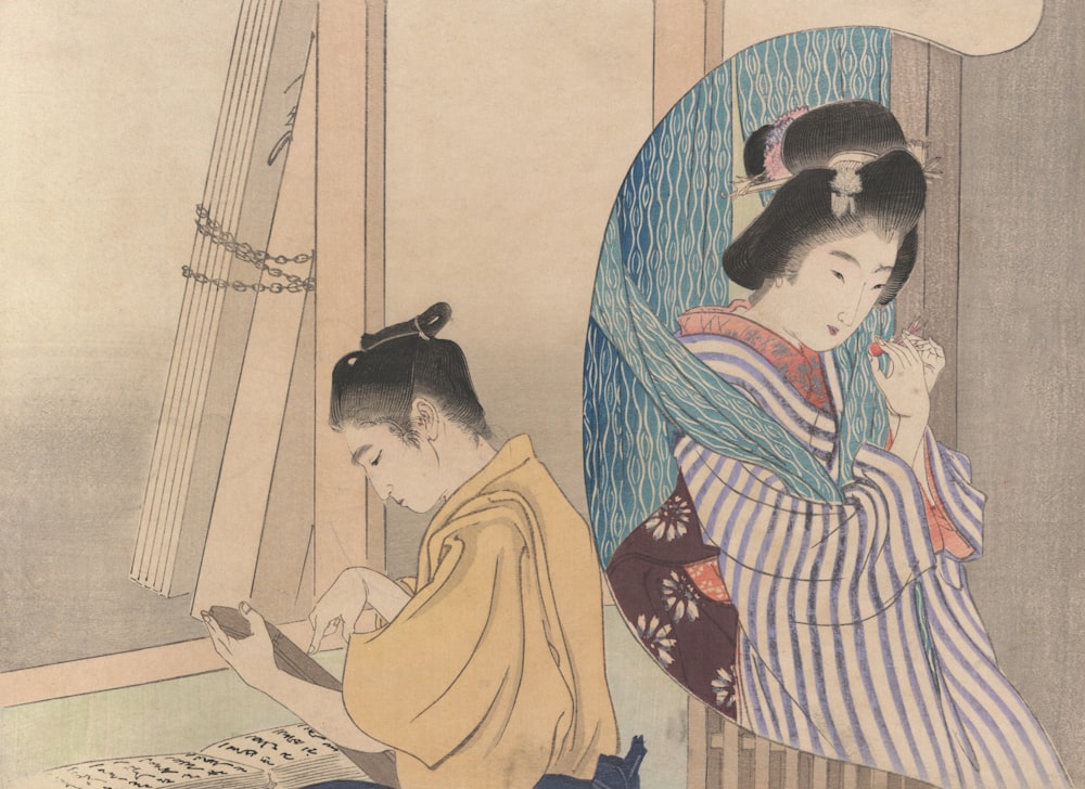 a painting of two women sitting on a bed