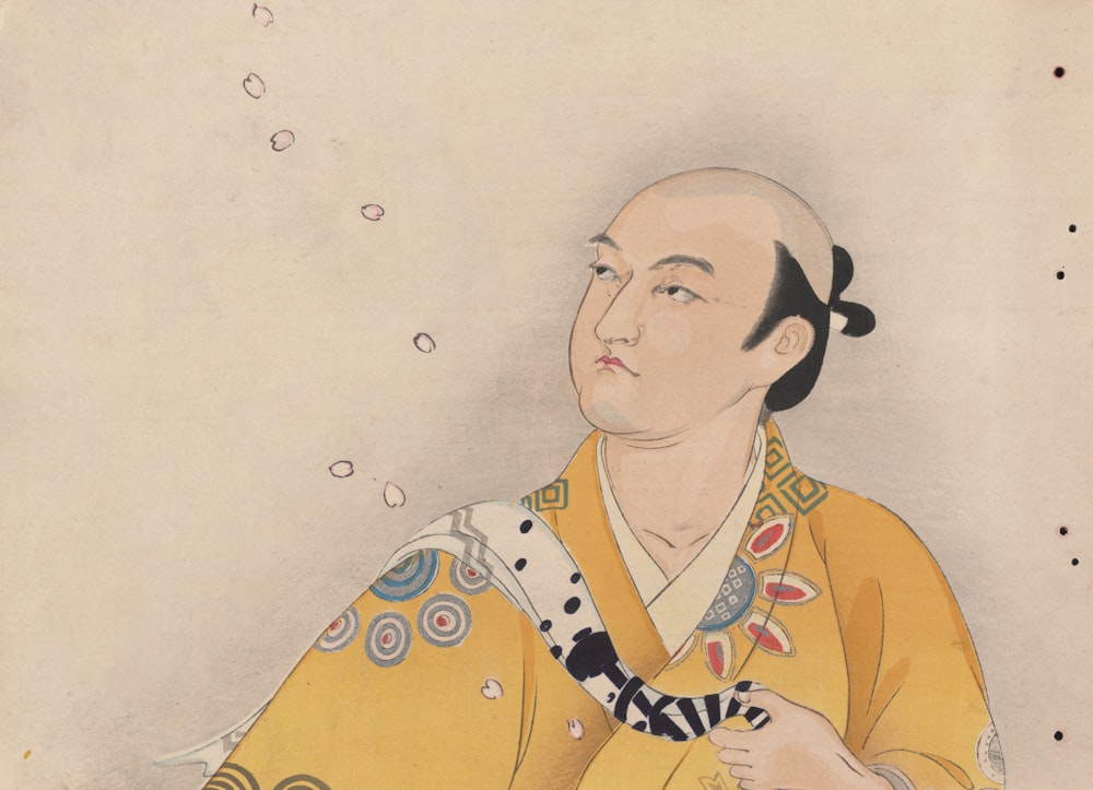 a painting of a man in a yellow kimono