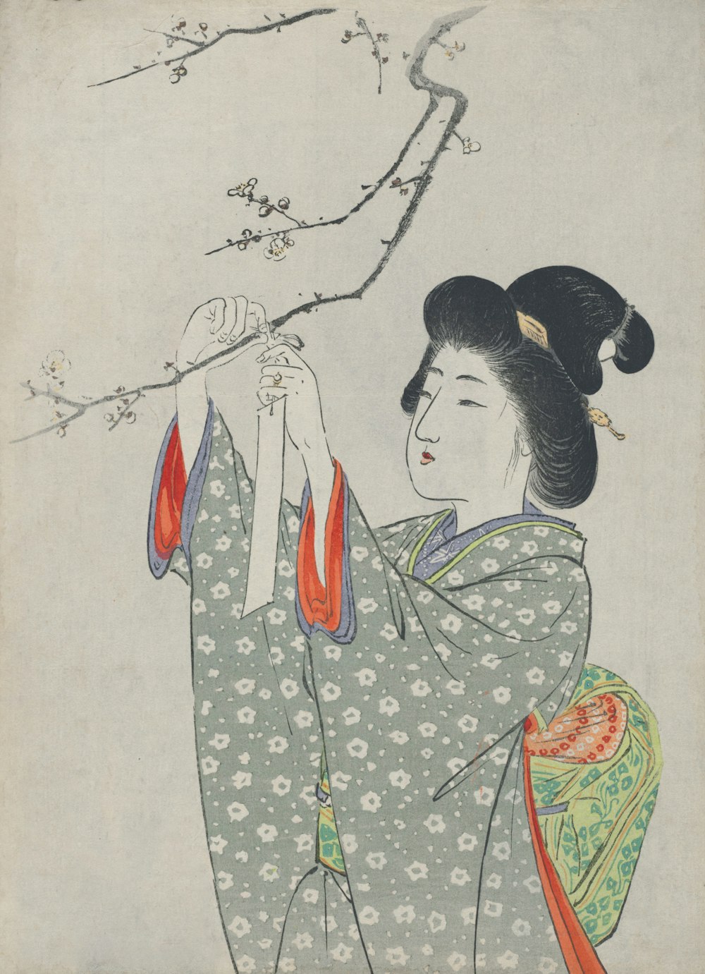 a painting of a woman holding a bird on a branch
