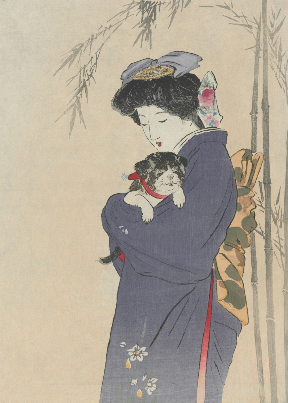a painting of a woman holding a small dog