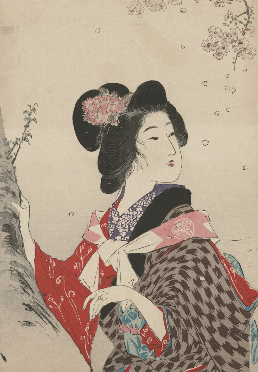 a woman in a kimono is holding a flower