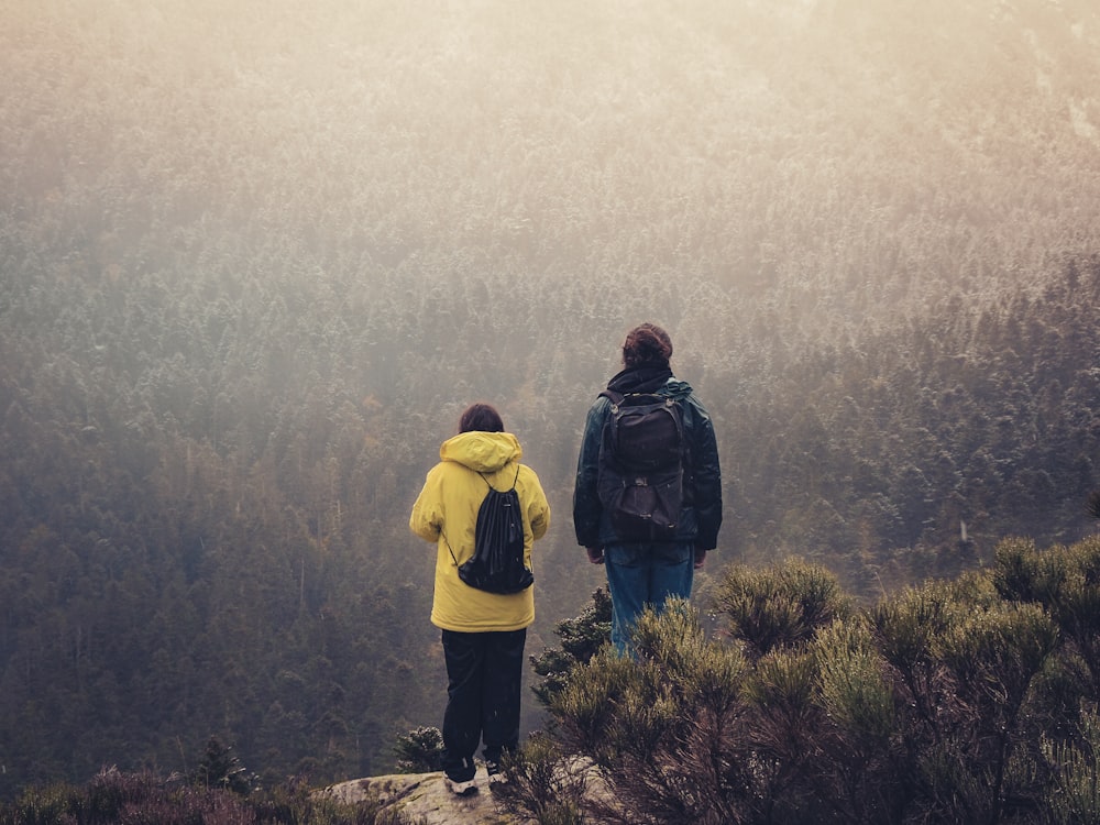 Un par de personas de pie en la cima de una montaña