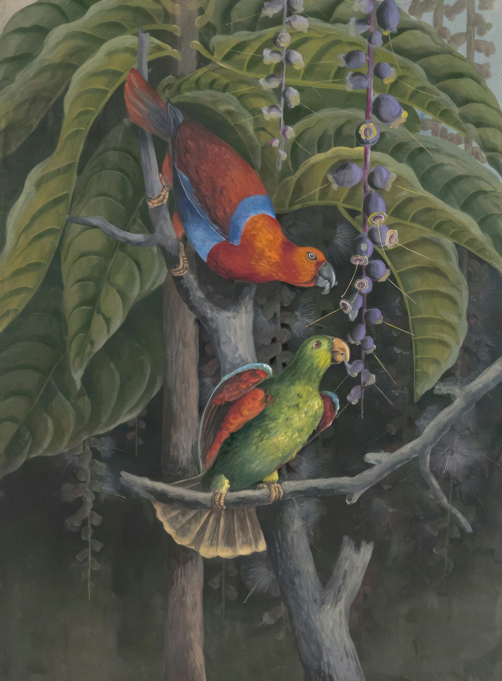 a painting of two parrots sitting on a tree branch