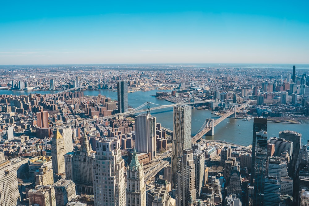 an aerial view of a city with tall buildings