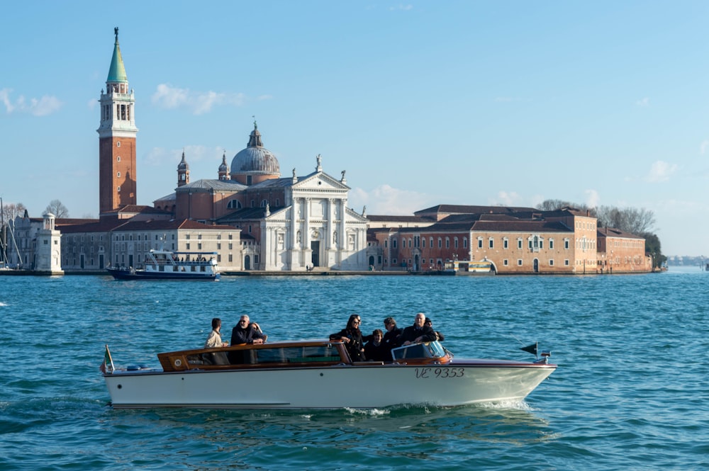 a group of people riding on the back of a boat