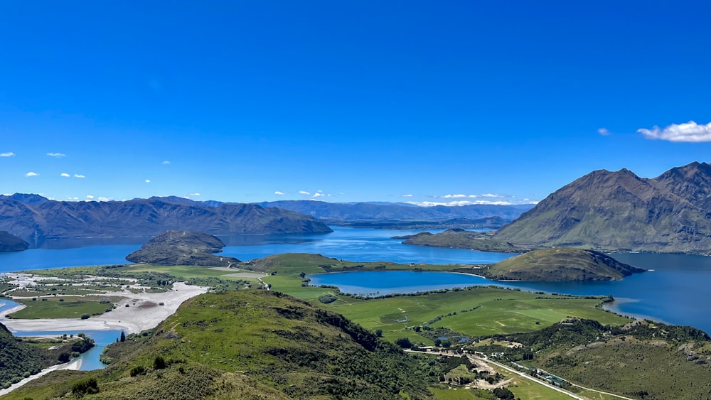 a scenic view of a lake surrounded by mountains