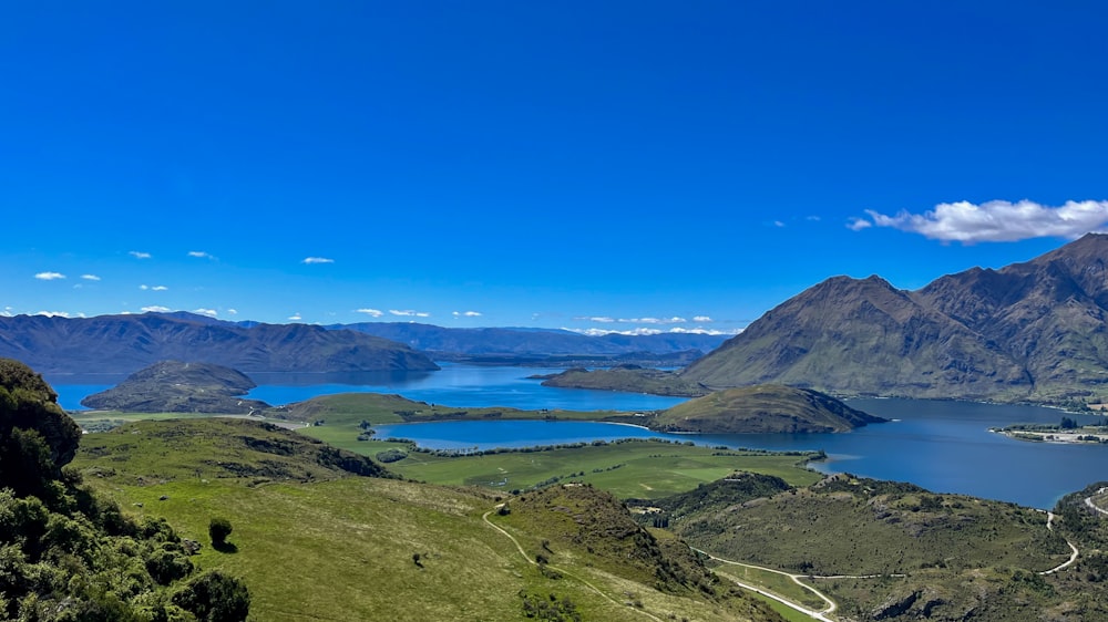 a scenic view of a lake surrounded by mountains