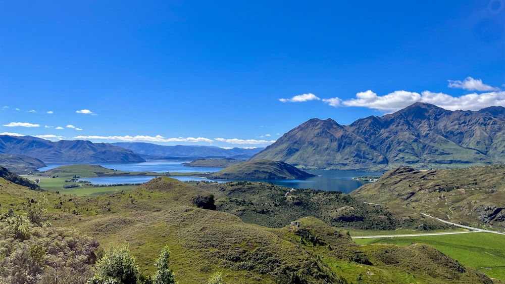 a scenic view of mountains and a lake