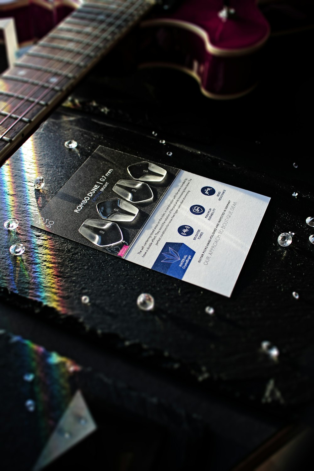 a close up of a guitar with a label on it