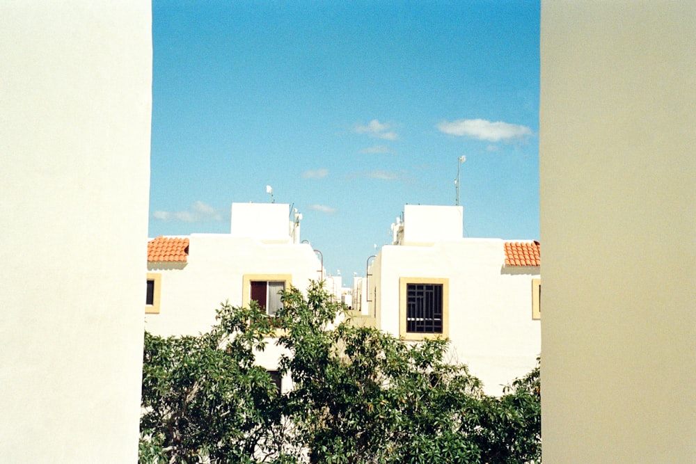 a view of a building through a window