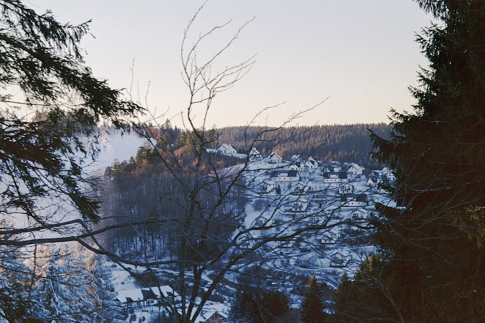 a view of a snow covered town from a distance