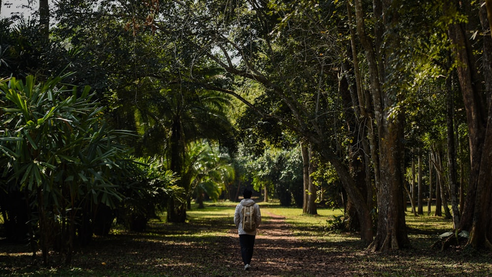 a man walking down a dirt road surrounded by trees