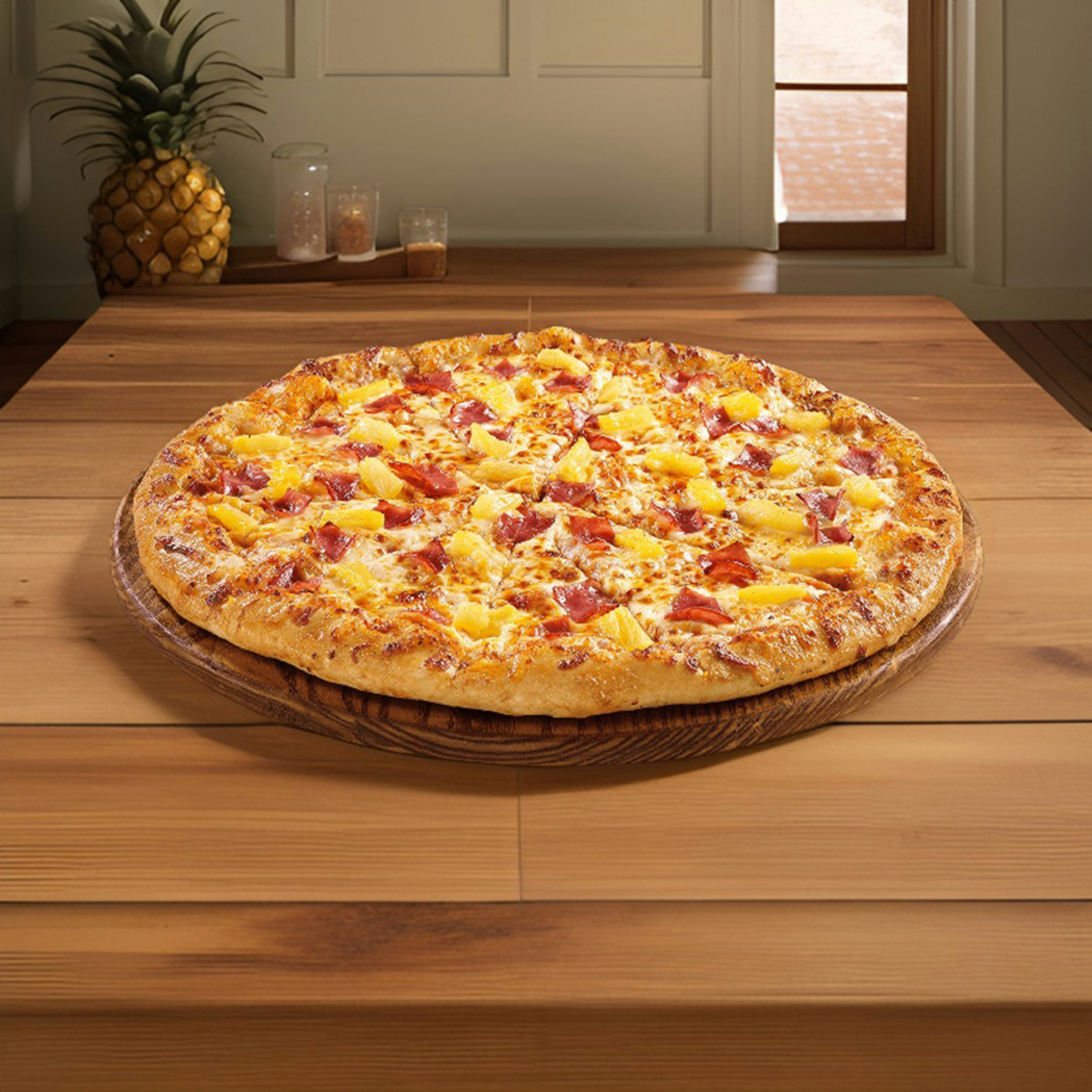 a large pizza sitting on top of a wooden table