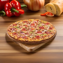 a pizza sitting on top of a wooden cutting board