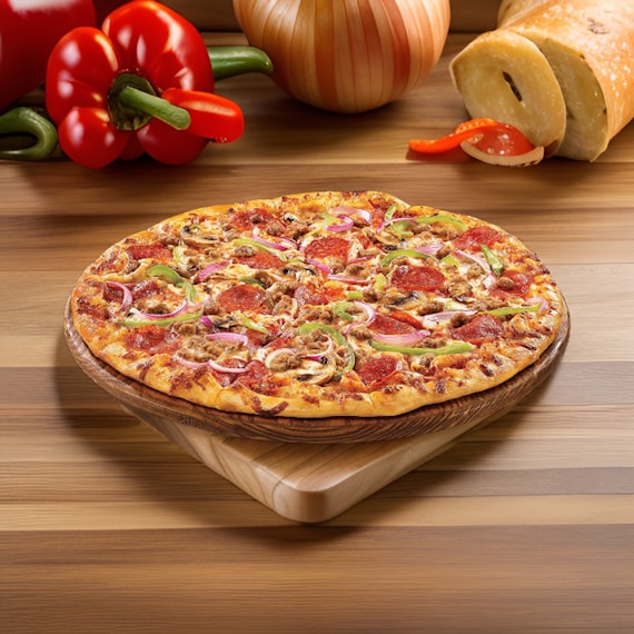 a pizza sitting on top of a wooden cutting board