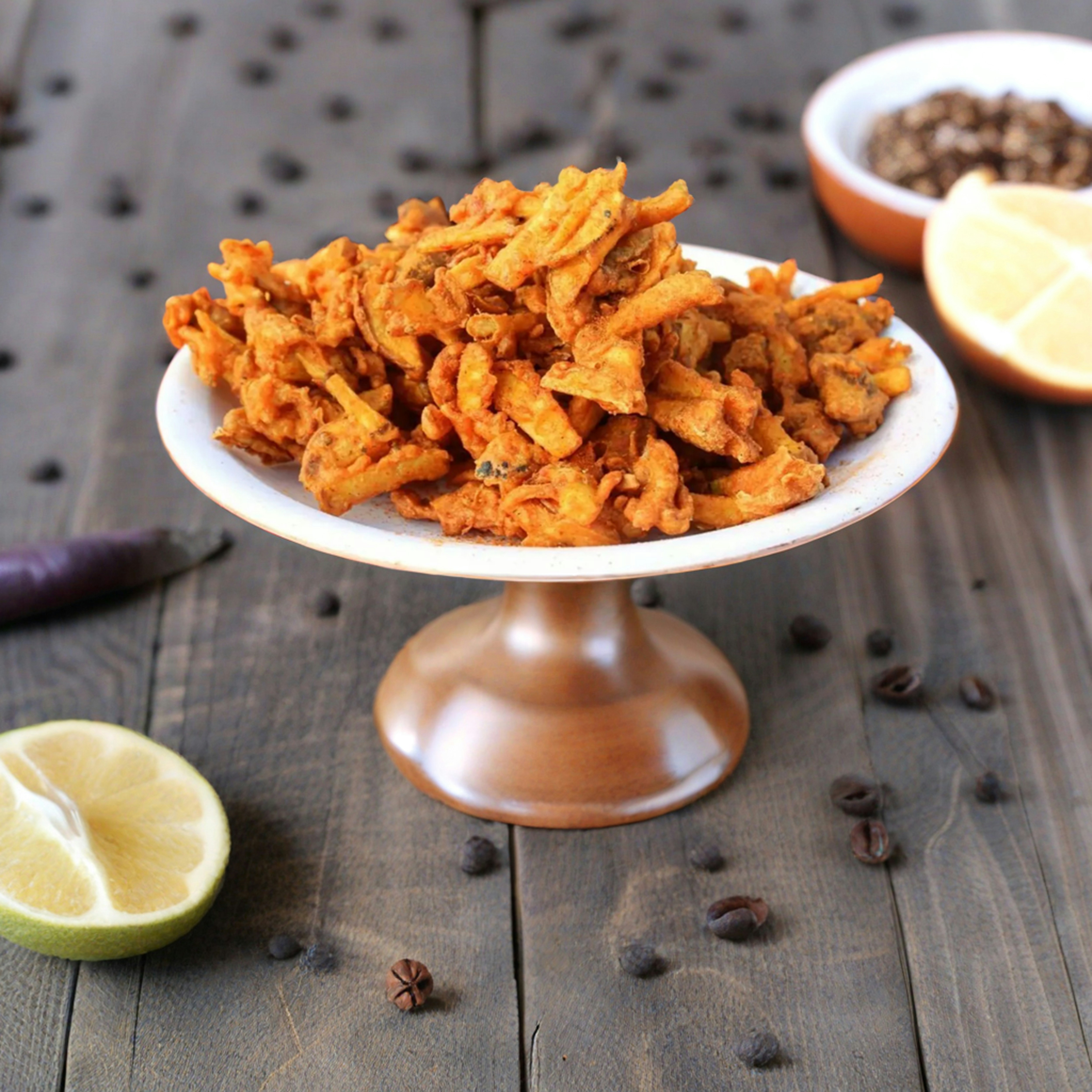 Crispy golden onion pakoda fritters with shredded onion and spices