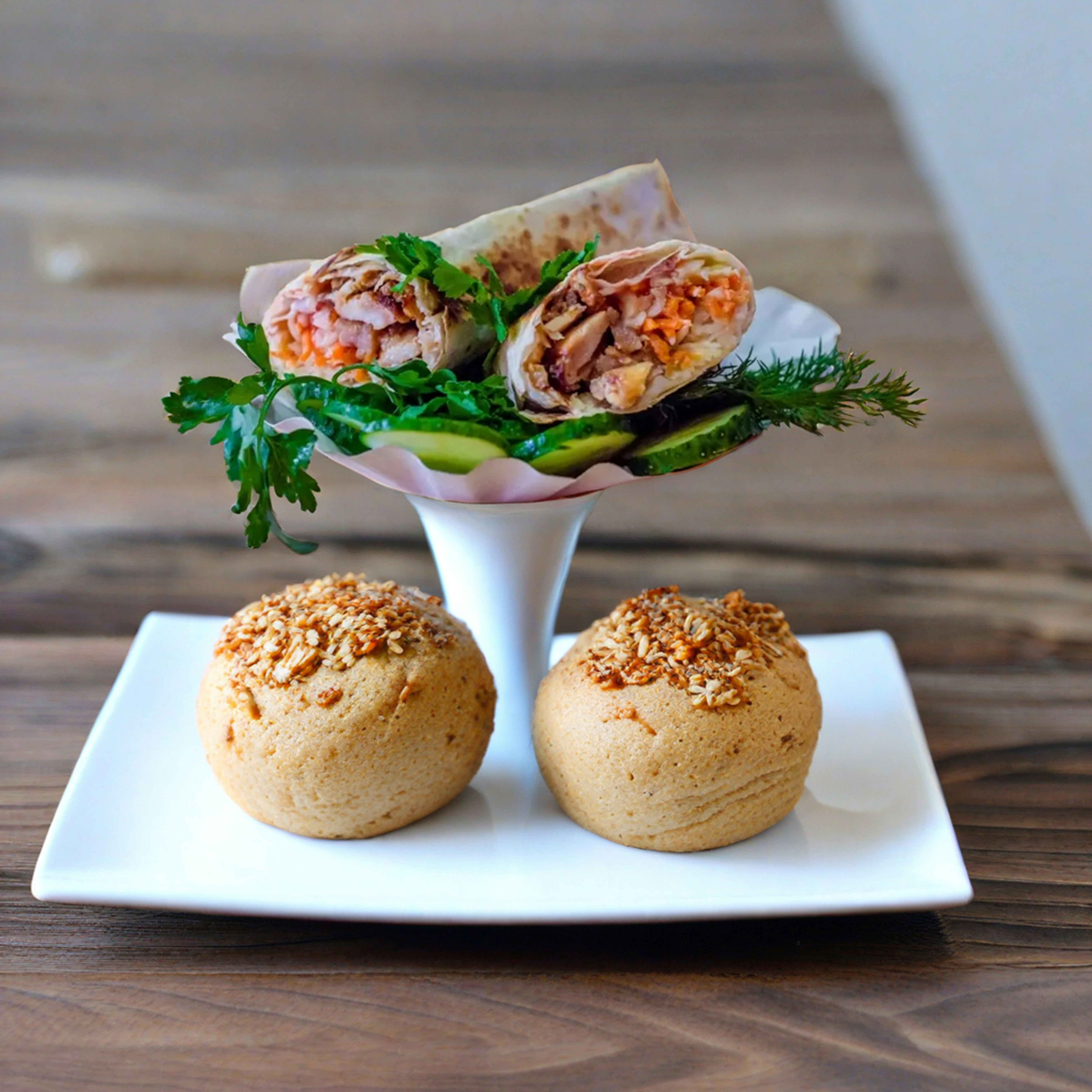 a white plate topped with pastries on top of a wooden table
