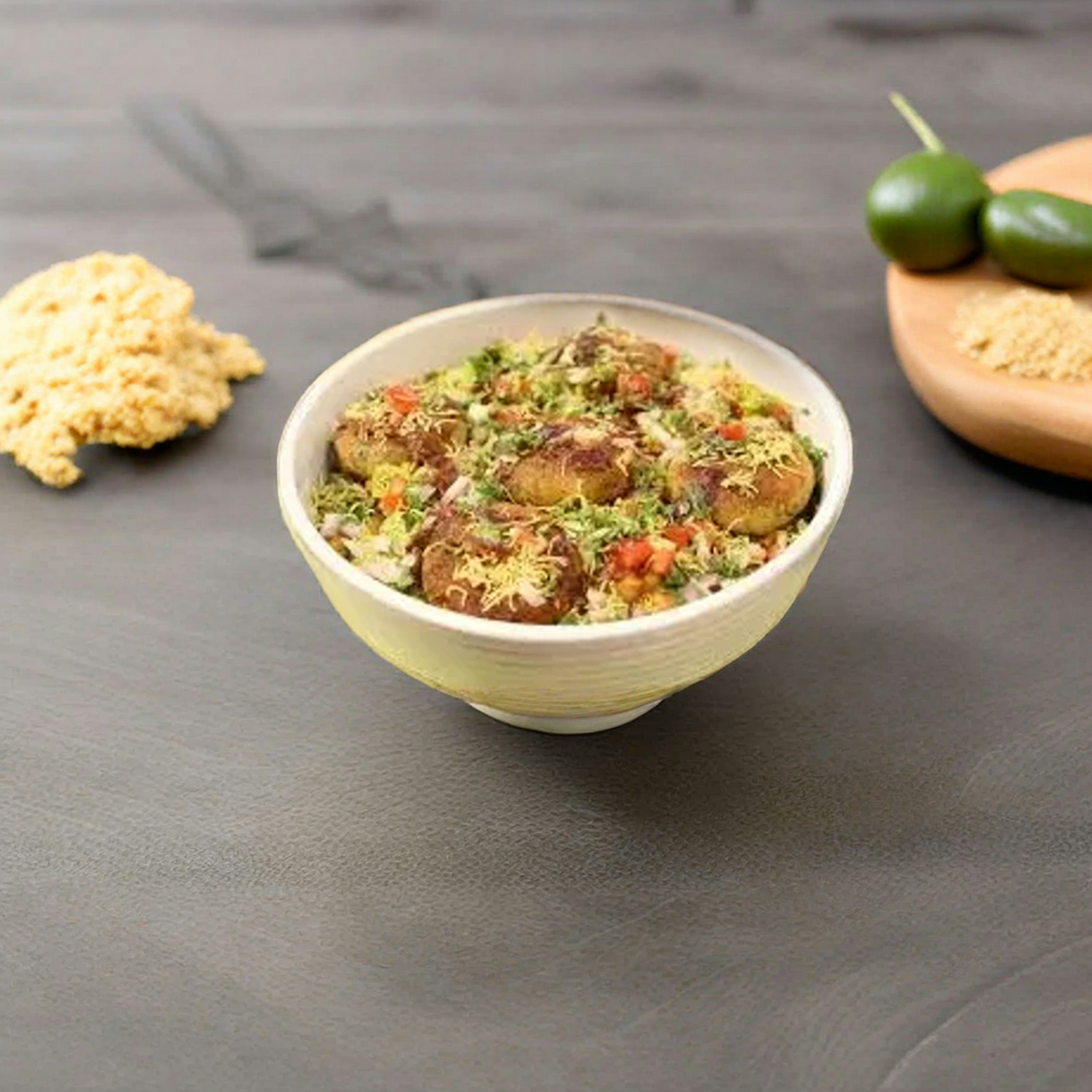 a bowl of food sitting on top of a table