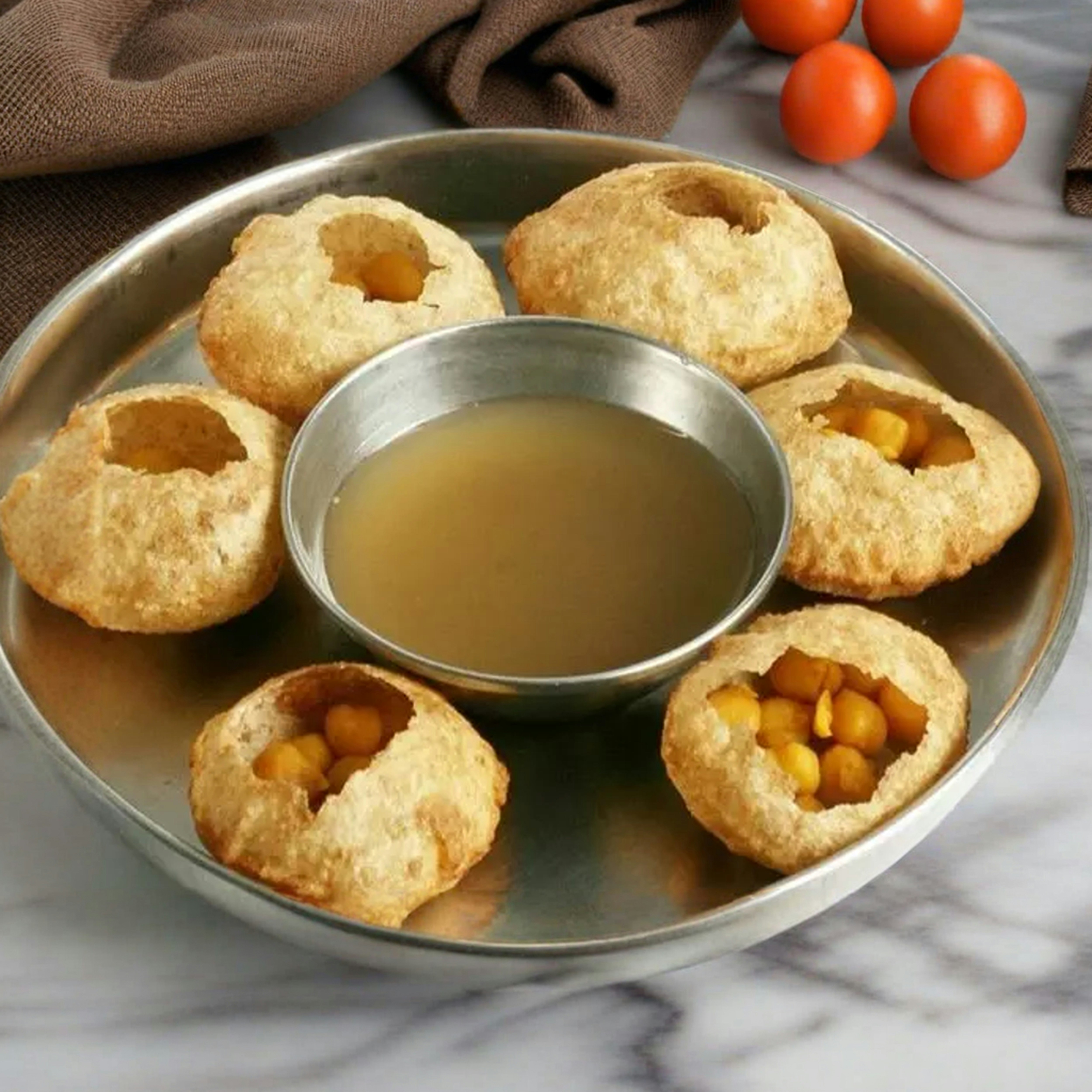 Pani puri: hollow fried puris filled with chickpeas around a bowl of spiced water on a steel plate
