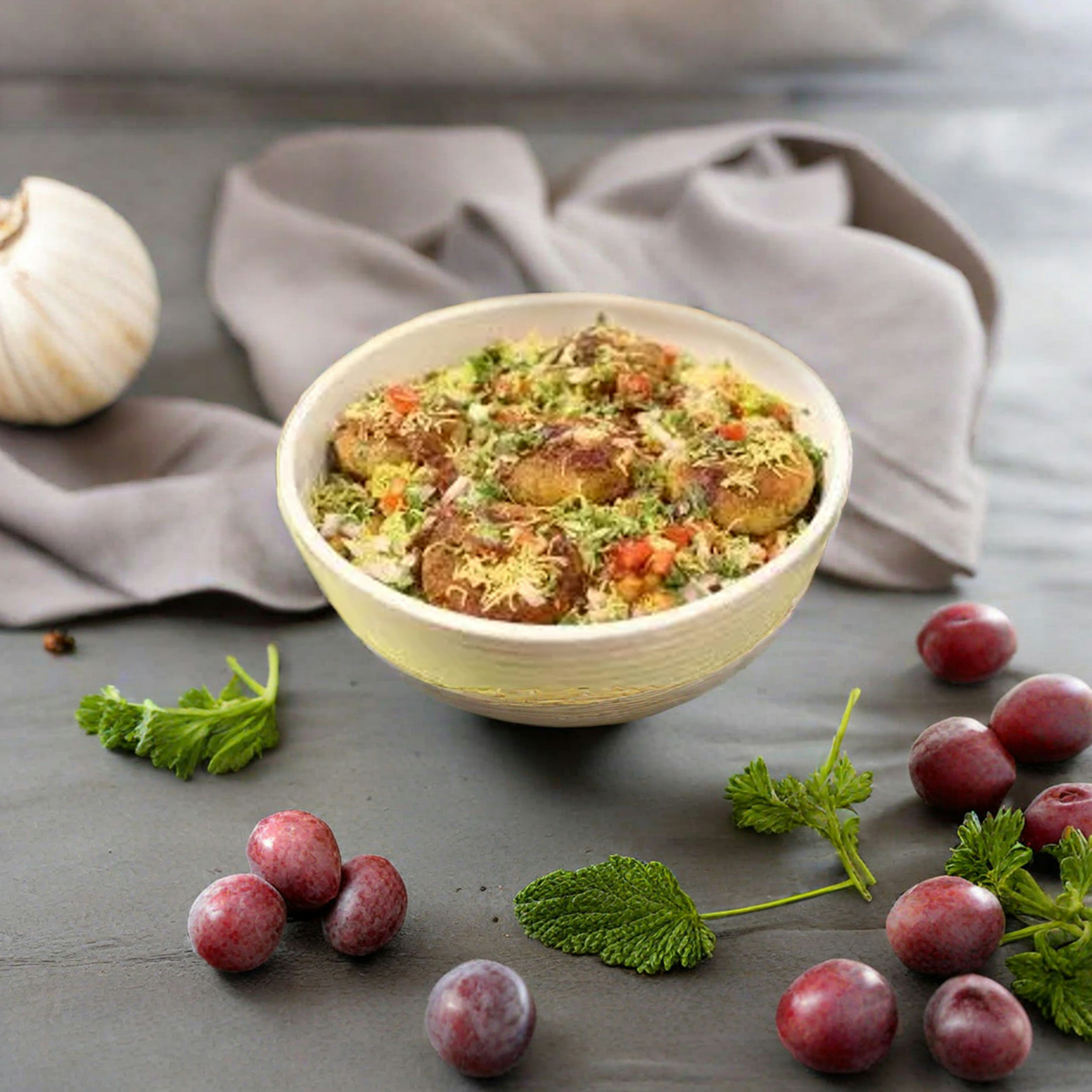 a bowl of food sitting on top of a table