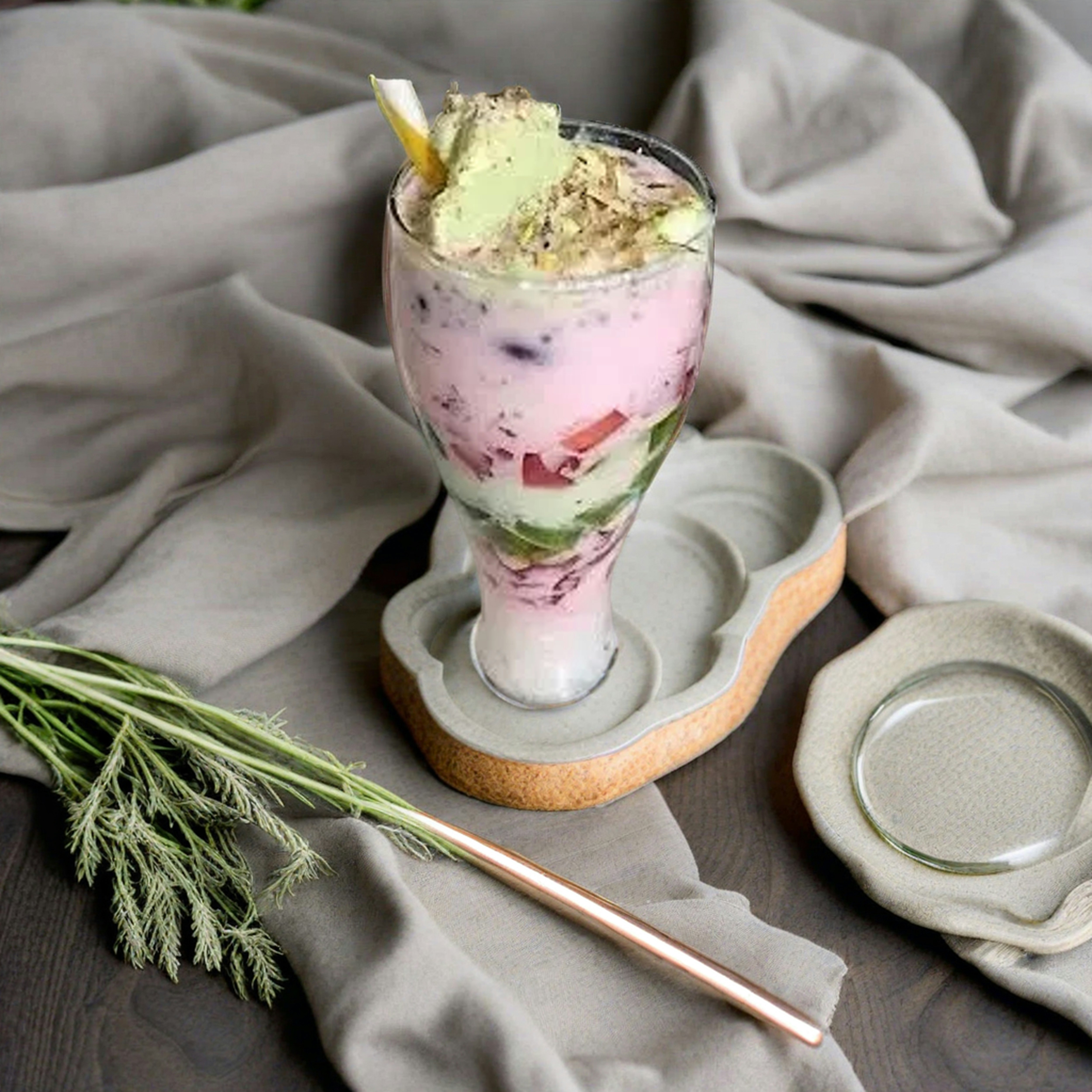 a drink in a glass on a tray next to a spoon