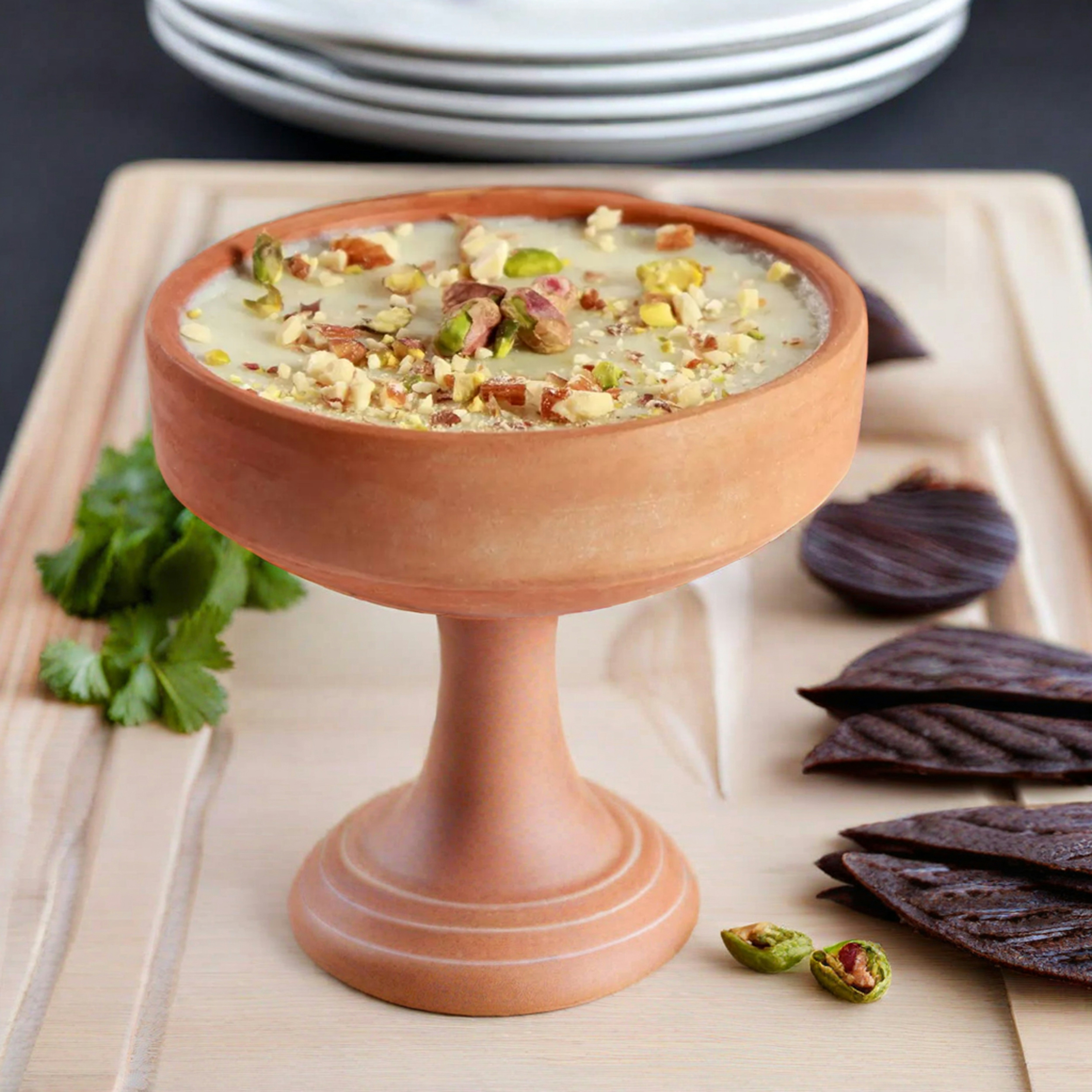 a bowl of food sitting on top of a wooden tray