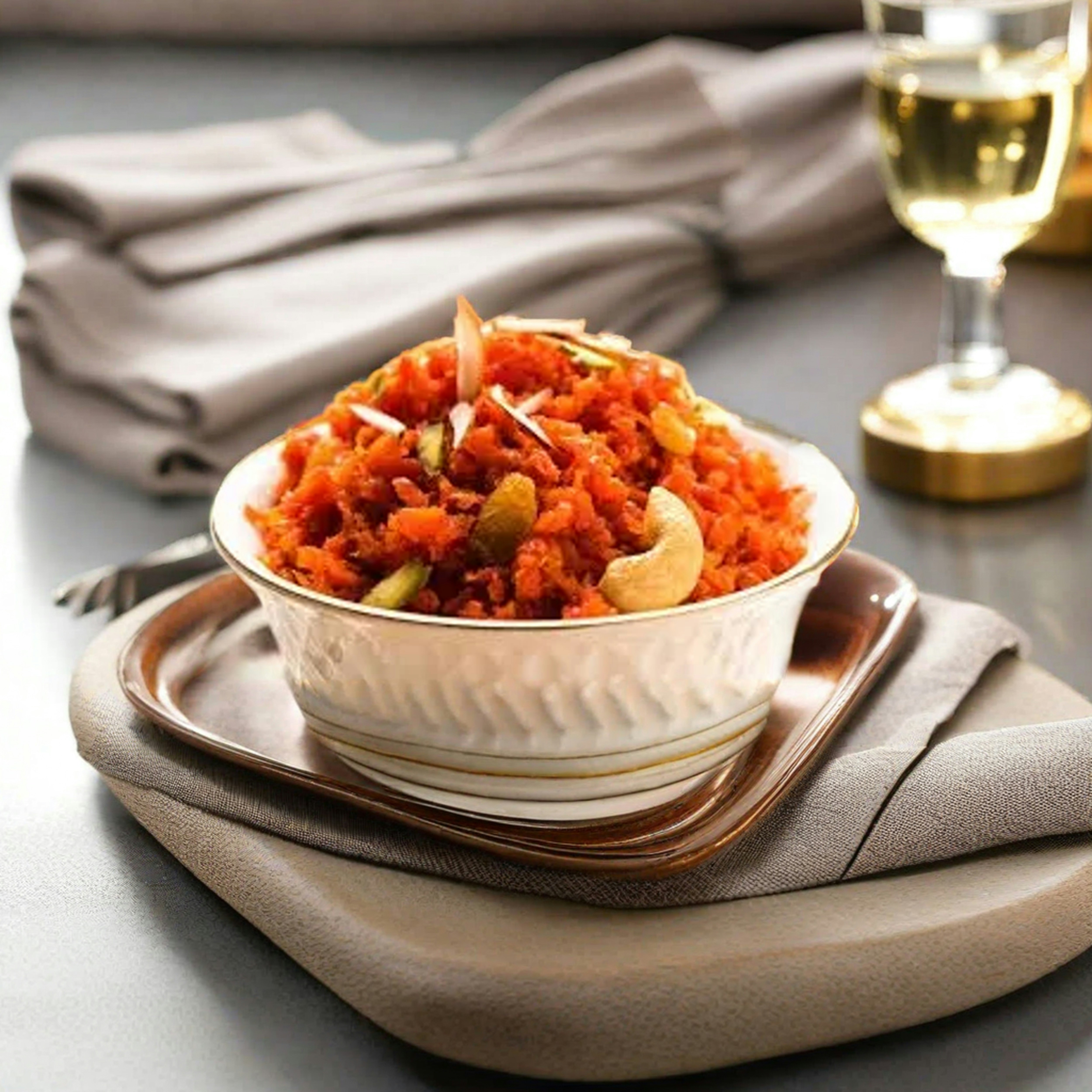 Gajar halwa carrot pudding orange dessert in bowl with cashews