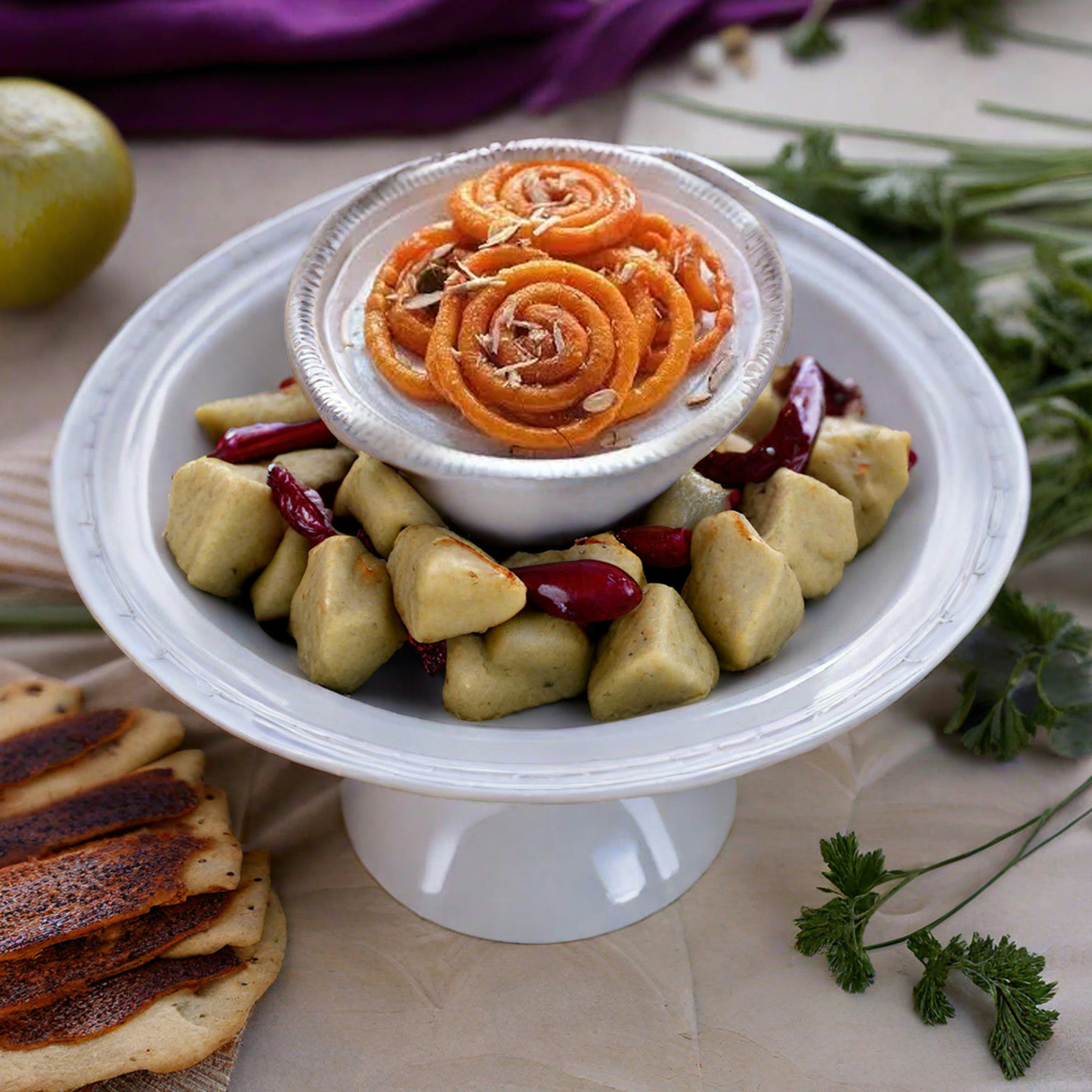 a white plate topped with food on top of a table