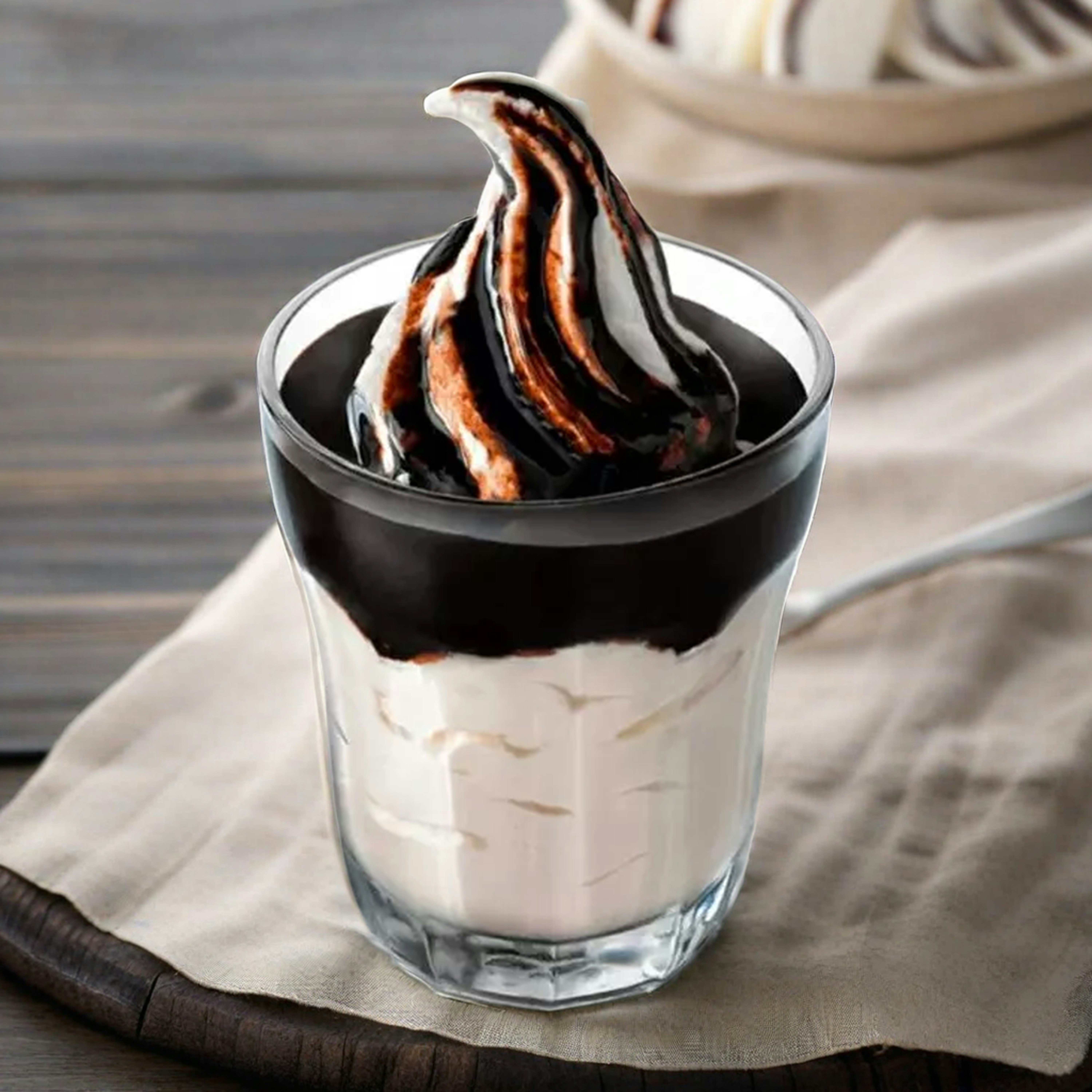 a chocolate dessert in a glass on a napkin