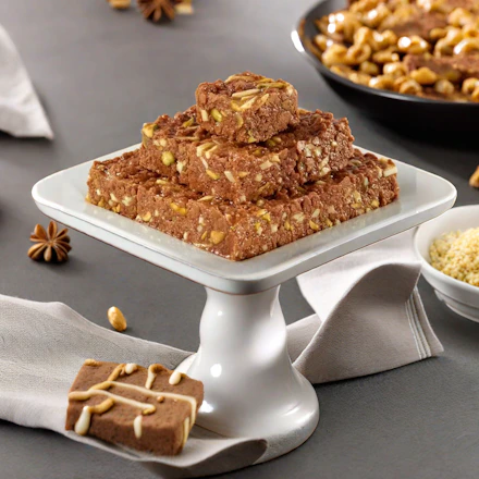 a white plate topped with brownies next to a bowl of nuts