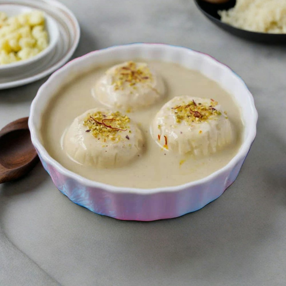 a bowl of soup with three dumplings in it