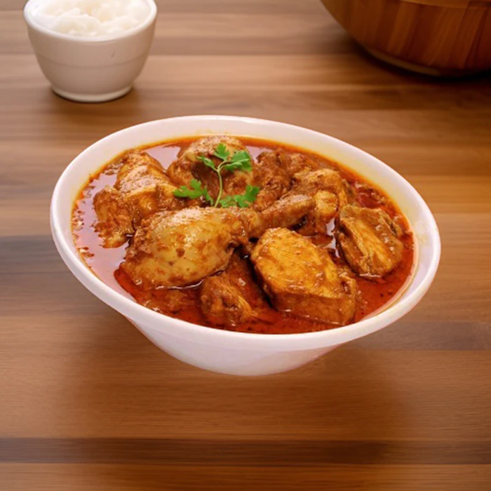 A bowl of chicken curry beside a bowl of rice