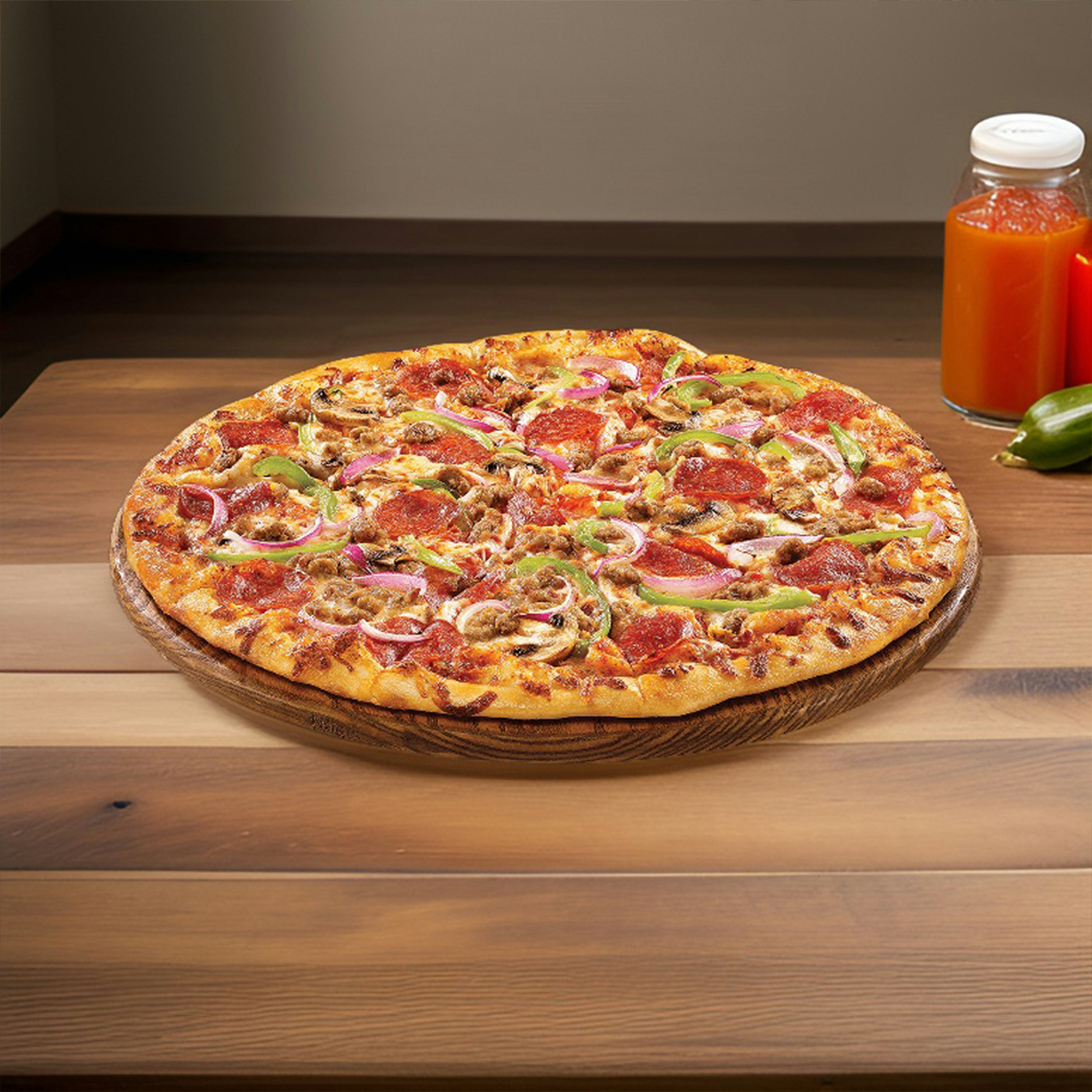 a pizza sitting on top of a wooden table