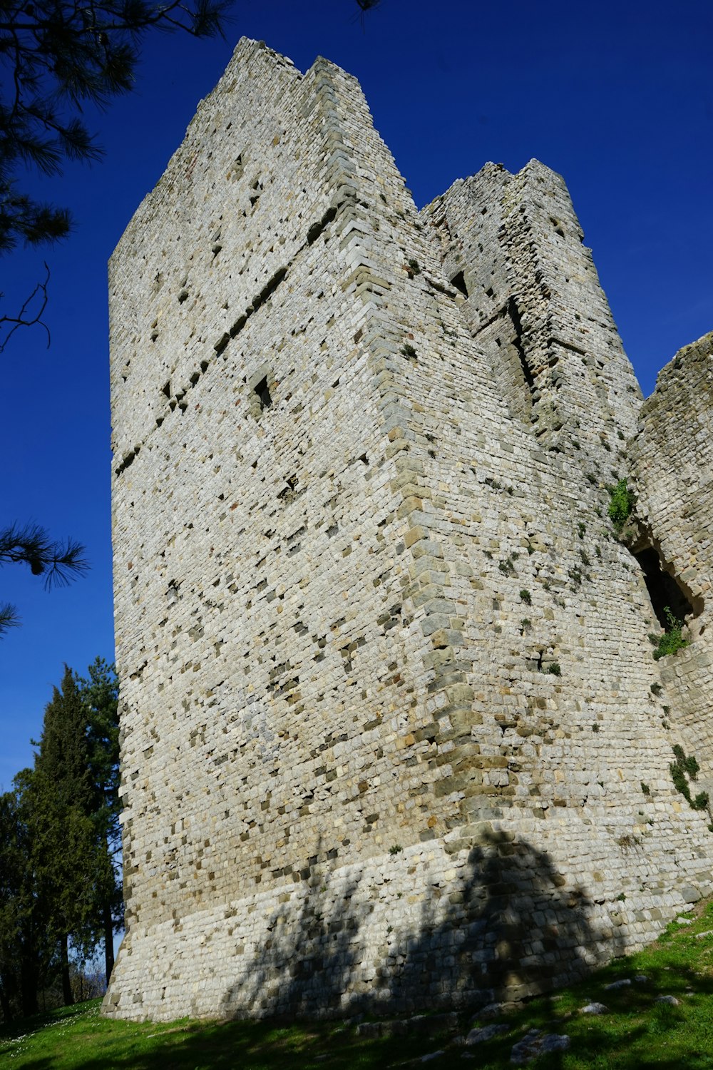 a tall brick tower sitting on top of a lush green field