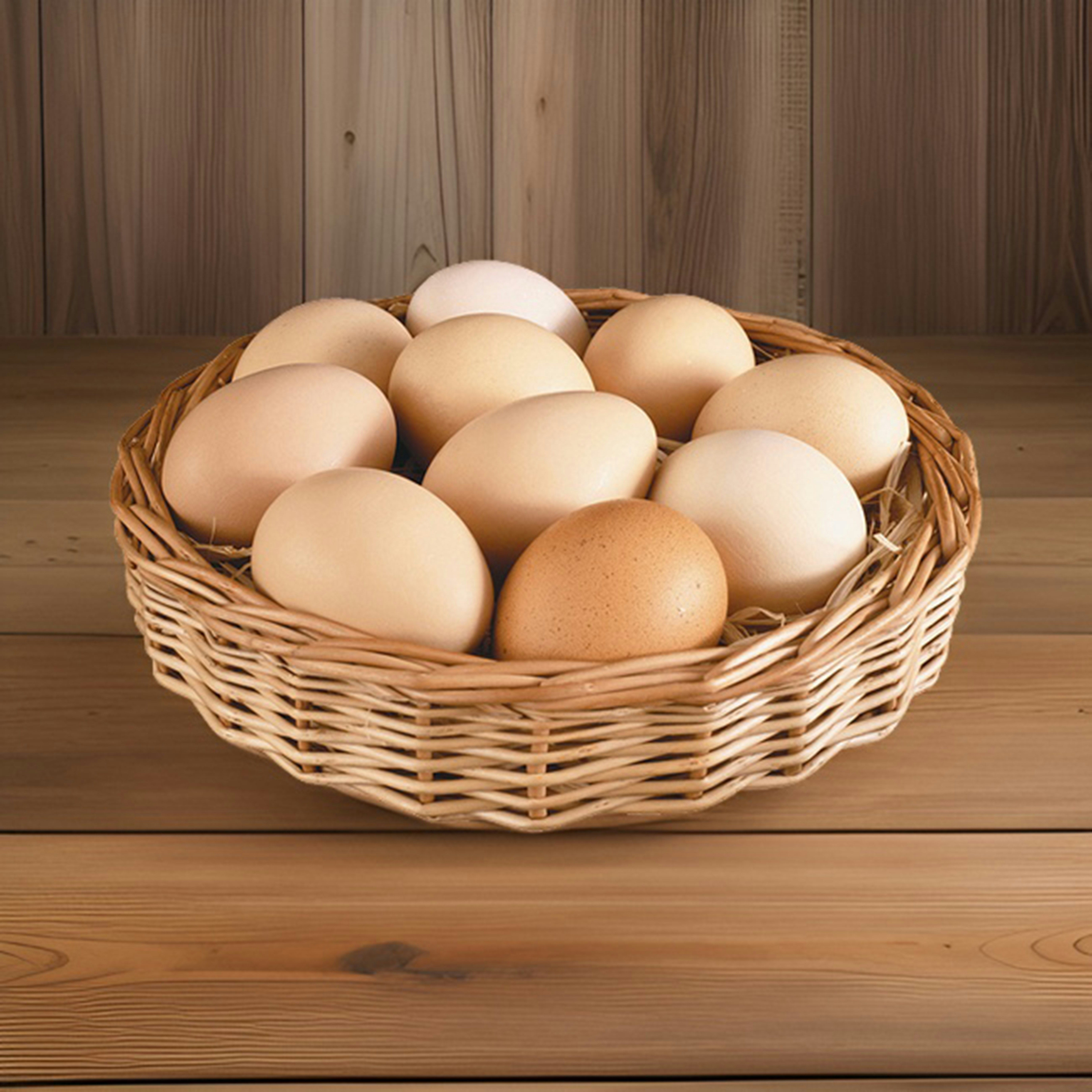 a basket of eggs on a wooden table