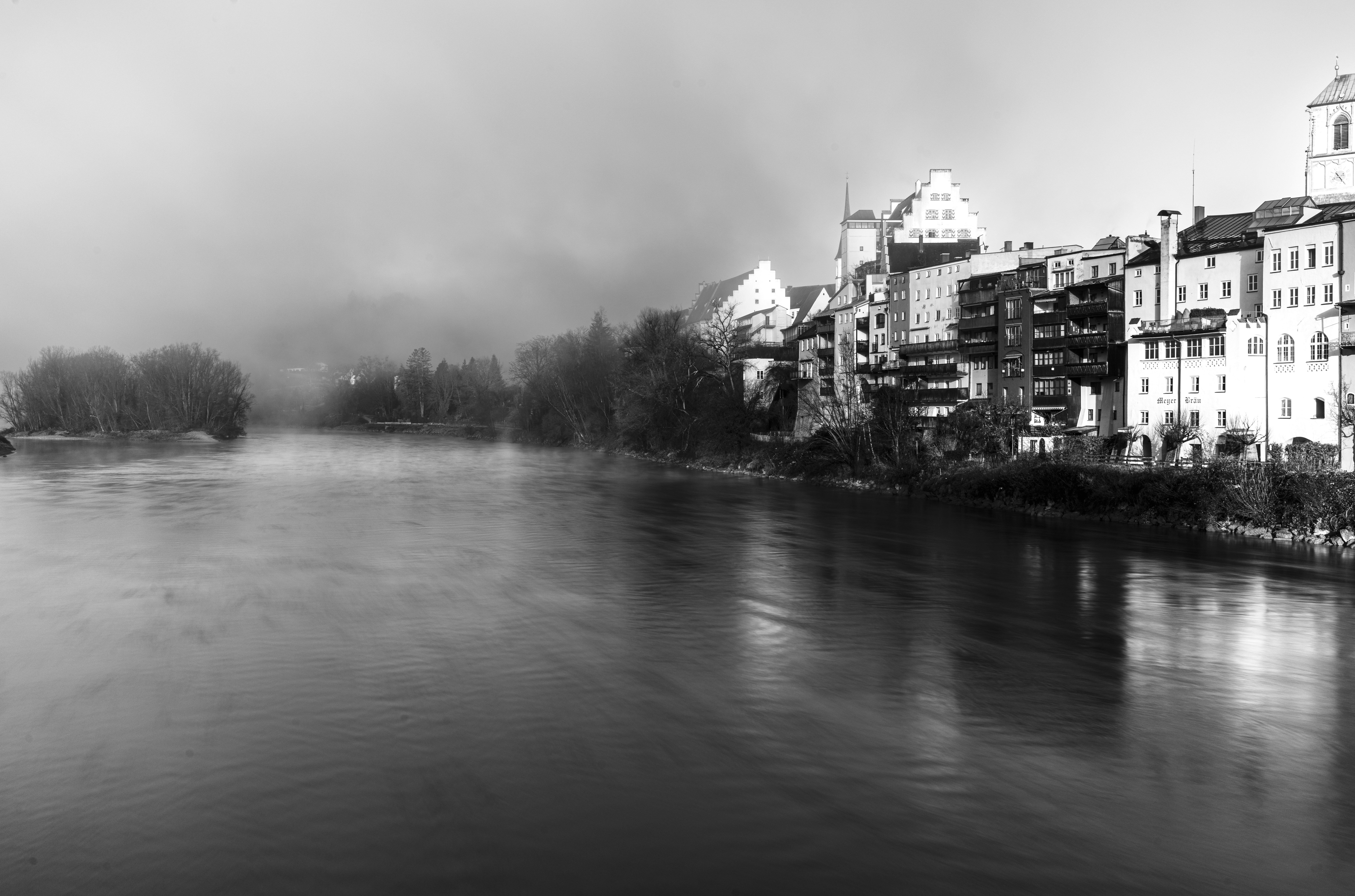 Fog on the Inn. Historical Town of Wasserburg in Winter.